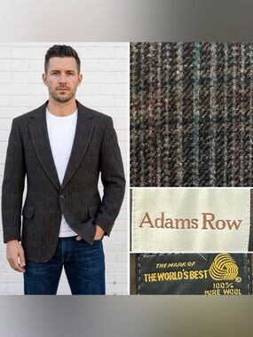 Vintage 44R Brown Blue Plaid Tweed Adams Row Wool Slim Blazer Jacket Sport Coat